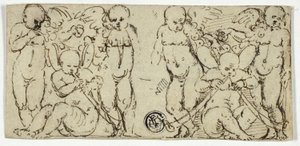 Due gruppi decorativi di putti con trombe e frutta da Unknown artist