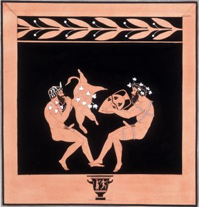 Due fauni che mangiano e bevono vino - "Dipinti di antichi vasi, comunemente chiamati etruschi", tratti da varie collezioni e incisi da A. Clener, accompagnati da spiegazioni di A.L. Millen. Di Dubois-Maisonneuve. Biblioteca di Maisons Alfort, Veterinar da Unknown artist