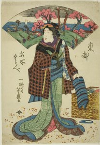 Due stati della stessa stampa che mostrano una donna, apparentemente una sarta, isolata sulla pagina con un ventaglio paesaggistico dietro di lei nella parte superiore della stampa. Dalla serie: Tôto Meisho Kurabe da Unknown artist
