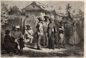 Tipi di indigeni di Cayenne (Guyana francese), donne vestite con abiti annodati di madras e turbanti colorati, gli uomini adottarono il costume occidentale. Incisione per illustrare il viaggio in Guyana francese nel 1862-1863, di Frédéric Bouyer