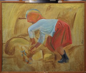 Una mietitrice con una falce sulla testa da Unknown artist