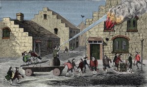 Uso di una pompa antincendio per spegnere un incendio. Incisione del 1733