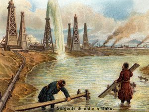 Veduta dei pozzi petroliferi a Baku, Azerbaigian. Cromolitografia circa 1890 da Unknown artist