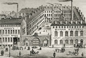 Veduta della fabbrica di posate dei fratelli Mappin a Londra. Dettaglio di un annuncio del 1891. (incisione) da Unknown artist