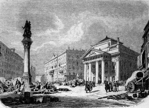 Vista della Place de la Bourse a Trieste (durante il periodo austriaco), incisione del XIX secolo da Unknown artist