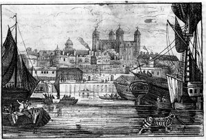 Veduta della Torre di Londra e del Tamigi alla fine del XVIII secolo. Incisione