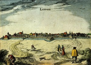 Veduta della città di Lipsia in Germania. Incisione del XVIII secolo