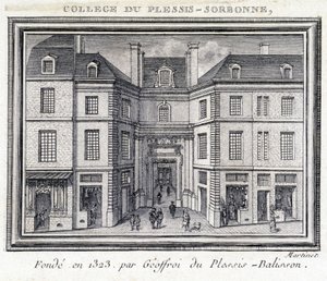 Vista della facciata esterna del collegio di Plessis Sorbonne (Parigi), fondato nel 1323 da Geoffroy di Plessis Balisson, utilizzato dal 1848 al 1849 dall