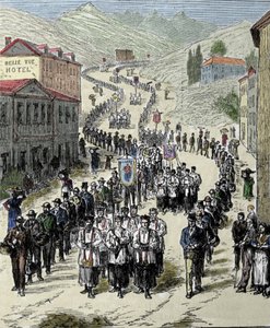 Veduta della processione dalla stazione alla grotta di Lourdes nei Pirenei dove la Vergine apparve a Bernadette Soubirous nel 1858, attuale luogo di pellegrinaggio. Incisione del XIX secolo da Unknown artist