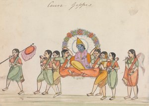 Vishnu su una portantina composta da assistenti femminili