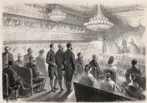Visita di Guglielmo I di Prussia (1797-1888) a Compiegne: spettacolo di gala al teatro del palazzo alla presenza di Napoleone III (1808-1873) - Incisione in "The Illustrous World"