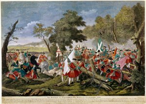 Guerra di successione spagnola (1701-1714): veduta della battaglia di Malplaquet vicino a Mons sul confine franco-belga 11/09/1709 tra truppe francesi e spagnole e una coalizione inglese, olandese e austriaca - Stampe del 1709 - BN Parigi