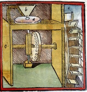 Ruota del mulino ad acqua usata per macinare il grano. Rappresentazione di un albero a camme (un piolo di legno attaccato a un albero rotante). Da "De architectura" di Vitruvio. 1630. Biblioteca Trivulziana, Milano. da Unknown artist