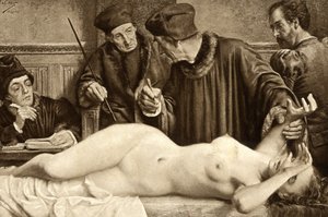 Stregoneria. Gli scienziati cercano una talpa sul corpo di una strega, per pizzicarla e studiarne la reazione. Illustrazione di E. Van Hoove. 1888