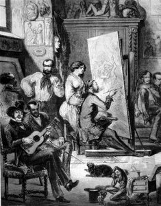 Laboratorio di un pittore nel XIX secolo. Alcuni suonano musica, altri fumano mentre il pittore disegna. Incisione del XIX secolo