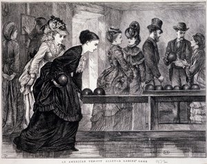Giovani donne che giocano a bowling, negli Stati Uniti, circa 1870 - incisione da Unknown artist