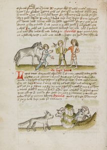 Un uomo che conduce un cavallo a due altri uomini; un lupo davanti a un gregge di pecore e di montoni