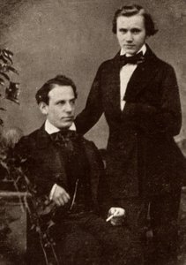 Johannes Brahms (1833-1897) compositore tedesco, in piedi, con il violinista ungherese rifugiato, Eduard Remenyi (1828-1898), con cui andò in tour