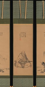 Maestro Zen con bastone da meditazione e paesaggi in stile cinese, probabilmente fine 1620-1644 da Unkoku Toeki