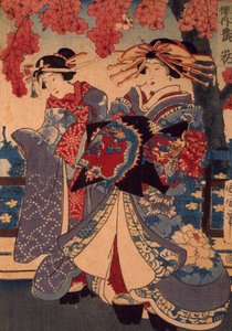 Due donne in un giardino fiorito, di Utagawa Kunisada, xilografia, tecnica crepon da Utagawa Kunisada