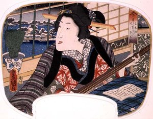 Inverno, Stagno di Shinobazu; Una Geisha che Pratica una Ballata, disegno per un ventaglio da un set di quattro che illustrano le stagioni da Utagawa Kunisada