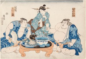 I lottatori di sumo Kuroiwa e Zogahana con una geisha da Utagawa Kunisada