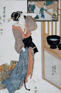 Ora della tigre, settima ora del mattino, ca 1818, xilografia Ukiyo-e di Utagawa Kunisada (1786-1865) da Le dodici ore a Yoshiwara, xilografia Oban-tate-e, 37 x 24,9 cm, civiltà giapponese da Utagawa Kunisada