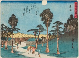Akasaka, dalla serie "Le cinquantatré stazioni del Tokaido (Tokaido gojusan tsugi)," anche conosciuta come il Tokaido con poesia (Kyoka iri Tokaido) da Utagawa Hiroshige