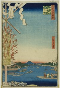 Fiume Asakusa, Grande argine, fiume Miyato (Asakusagawa Okawabata Miyatogawa), dalla serie "Cento vedute famose di Edo (Meisho Edo hyakkei)". da Utagawa Hiroshige