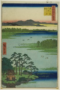 Santuario Benten e stagno Inokashira (Inokashira no ike Benten no yashiro), dalla serie "Cento vedute famose di Edo (Meisho Edo hyakkei)". da Utagawa Hiroshige