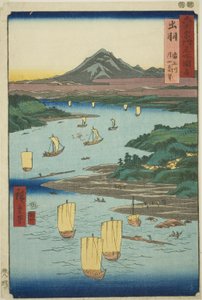 Provincia di Dewa: fiume Mogami e vista lontana del monte Gassan (Dewa, Mogamigawa, Gassan enbo), dalla serie "Luoghi famosi nelle sessanta e più province (Rokujuyoshu meisho zue)"