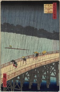 Vista Distante di Atake durante un Temporale Serale sul Ponte O_hashi, luglio 1857