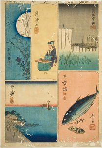 Ponte Eitai, Ponte Nihon, Susaki, Giardino dei fiori e Collina Dokan (Eitaibashi, Nihonbashi, Susaki, Hanayashiki, Dokanyama), dalla serie "Ritagli di luoghi famosi di Edo (Harimaze Koto meisho)" da Utagawa Hiroshige