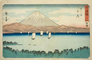 Ejiri—No. 19, dalla serie "Le cinquantatré stazioni del Tokaido (Tokaido gojusan tsugi)," conosciuta anche come il Reisho Tokaido da Utagawa Hiroshige