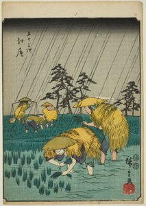 Ejiri, dalla serie "Le cinquantatré stazioni del Tokaido (Gojusan tsugi)," noto anche come il Tokaido delle figure (Jinbutsu Tokaido) da Utagawa Hiroshige