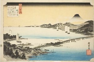 Bagliore serale al ponte di Seta (Seta no sekisho), dalla serie "Otto vedute di Omi (Omi hakkei no uchi)" da Utagawa Hiroshige