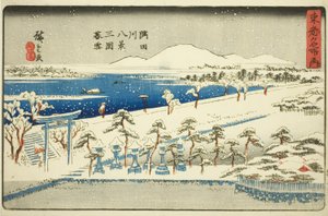 Neve serale a Mimeguri, Otto vedute del fiume Sumida (Sumidagawa hakkei, Mimeguri bosetsu), dalla serie "Luoghi famosi della capitale orientale (Toto meisho no uchi)" da Utagawa Hiroshige