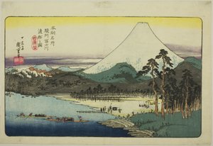 Traghetti che attraversano il fiume Fuji nella provincia di Suruga (Sunshu Fujikawa watashibune no zu), dalla serie "Luoghi famosi del Giappone (Honcho meisho)"