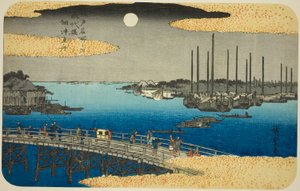 Barche da Pesca vicino al Ponte Eitai nella Baia di Tsukuda (Eitaibashi Tsukuda oki isaribune), dalla serie "Luoghi Famosi di Edo (Edo meisho no uchi)" da Utagawa Hiroshige