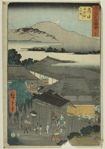 Fuchu: Miroku nichome, Abekawa (Fuchu, Abekawa Miroku nichome), n. 20 della serie "Luoghi famosi delle cinquantatré stazioni (Gojusan tsugi meisho zue)", nota anche come Tokaido verticale.