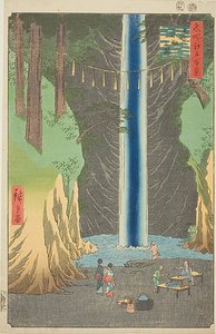 Cascata di Fudo a Oji (Oji Fudo no taki), n. 49 della serie "Cento vedute famose di Edo (Meisho Edo hyakkei)". da Utagawa Hiroshige