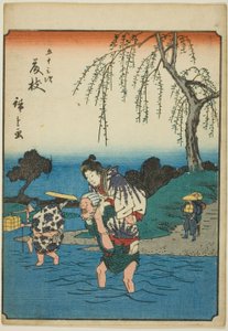 Fujieda, dalla serie "Le cinquantatré stazioni [del Tokaido] (Gojusan tsugi)," anche conosciuta come il Tokaido delle figure (Jinbutsu Tokaido) da Utagawa Hiroshige