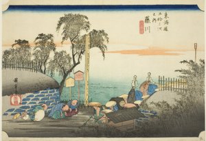 Fujikawa: Vista dei dintorni del posto (Fujikawa, bohana no zu), dalla serie "Le cinquantatré stazioni del Tokaido (Tokaido gojusan tsugi no uchi)," conosciuta anche come Hoeido Tokaido da Utagawa Hiroshige