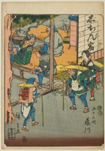 Fujikawa, dalla serie "Le cinquantatré stazioni [del Tokaido] (Gojusan tsugi)", noto anche come il Tokaido delle figure (Jinbutsu Tokaido) da Utagawa Hiroshige