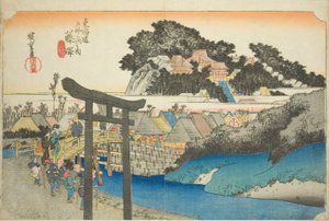 Fujisawa: Tempio Yugyo (Fujisawa, Yugyoji), dalla serie "Le cinquantatré stazioni della strada del Tokaido (Tokaido gojusan tsugi no uchi)," conosciuta anche come il Tokaido Hoeido