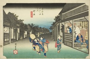 Goyu: Donne che fermano i viaggiatori (Goyu, tabibito tomeru onna), dalla serie "Le cinquantatré stazioni del Tokaido (Tokaido gojusan tsugi no uchi)", anche conosciuta come Hoeido Tokaido da Utagawa Hiroshige