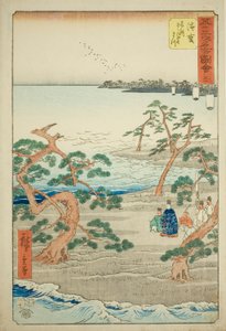 Hamamatsu: I famosi pini mormoranti (Hamamatsu, meisho zazanza no matsu), n. 30 dalla serie "Famosi luoghi delle cinquantatré stazioni (Gojusan tsugi meisho zue)", noto anche come il Tokaido verticale da Utagawa Hiroshige