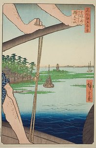 Traghetto di Haneda e santuario di Benten (Haneda no watashi Benten no yashiro), n. 72 della serie "Cento vedute famose di Edo (Meisho Edo hyakkei)". da Utagawa Hiroshige