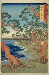 Provincia di Harima: Spiaggia di Maiko (Harima, Maiko no hama), dalla serie "Luoghi famosi nelle sessanta e più province (Rokujuyoshu meisho zue)" da Utagawa Hiroshige