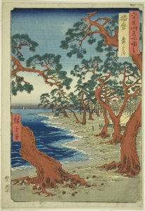 Provincia di Harima: Spiaggia di Maiko (Harima, Maiko no hama), dalla serie "Luoghi famosi nelle sessanta e più province (Rokujuyoshu meisho zue)" da Utagawa Hiroshige